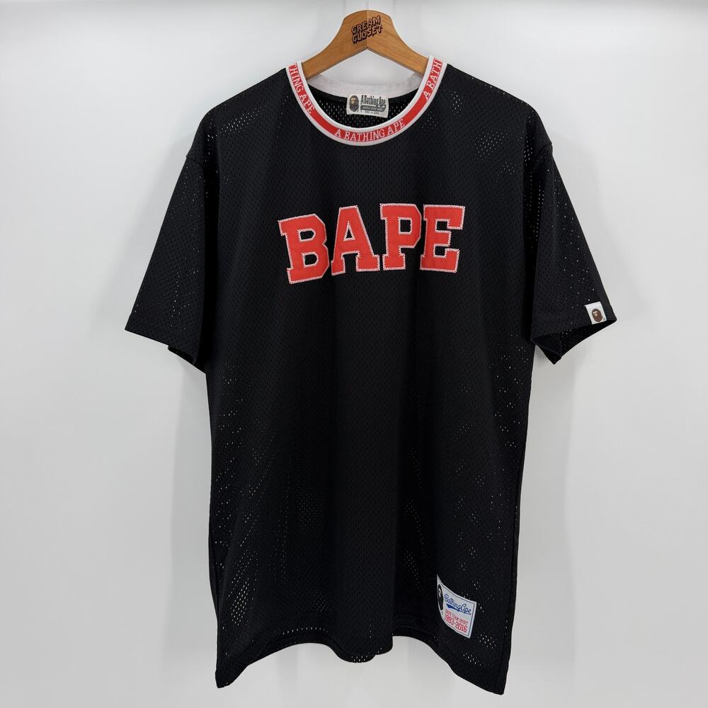 A Bathing APE BAPE Nigo Ribbed Spell Out Mesh Jersey Tee in Black L